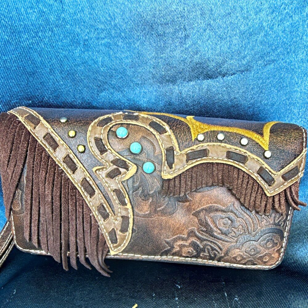 Western Tooled Leather Fringe Wristlet Clutch Wallet – Turquoise Detail, fringe - Picture 1 of 6